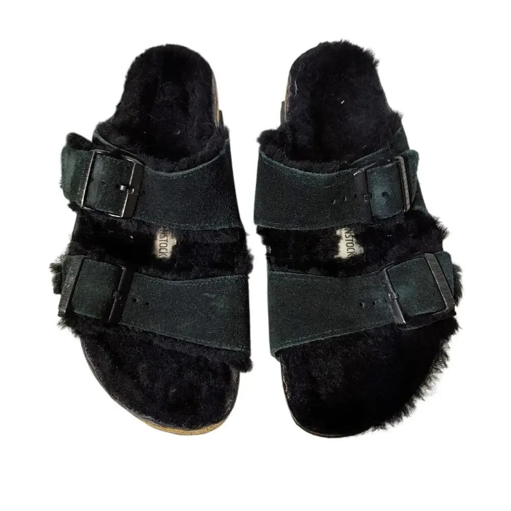 Birkenstock Arizona Shearling Suede Slide Sandals Black Cozy Women EU38 US7